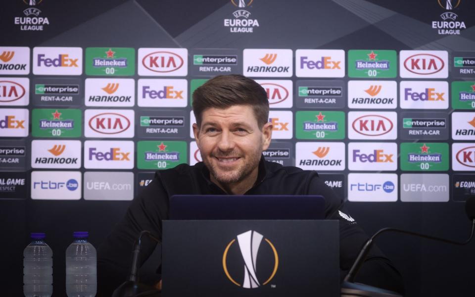 Rangers FC's head coach Steven Gerrard gives a press conference on the eve of their match against Belgian club Standard de Liege on the first day of the group phase (group D) of the UEFA Europa League football competition, in Liege on October 21, 2020. - AFP /VIRGINIE LEFOUR 