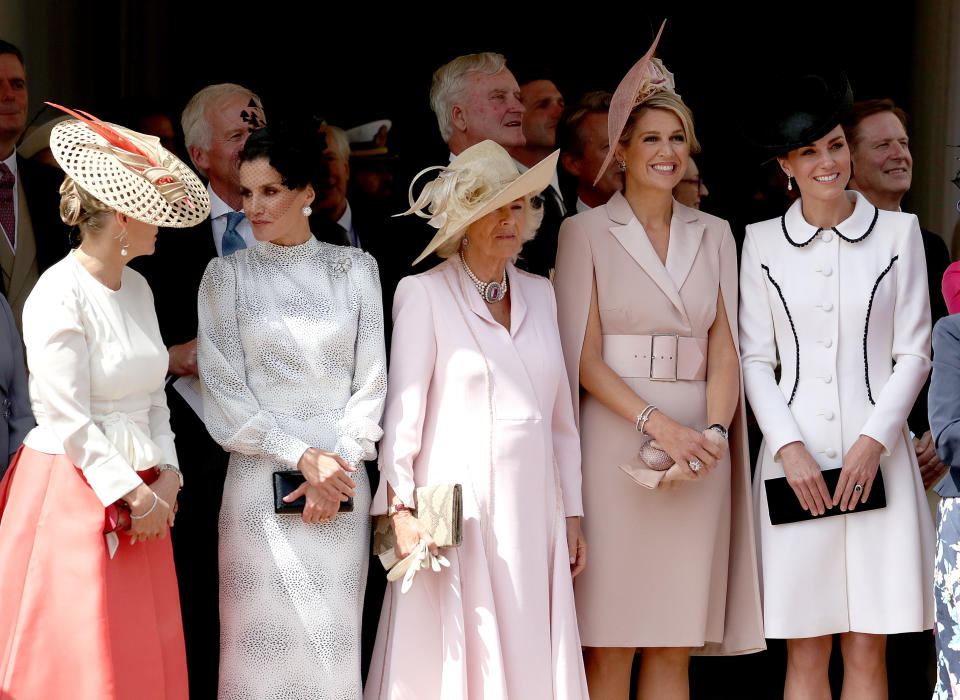 WINDSOR, ENGLAND - JUNE 17: Sophie, Countess of Wessex, Queen Letizia of Spain, Camilla, Duchess of Cornwall, Queen Maxima of the Netherlands and Catherine, Duchess of Cambridge at the Order of the Garter Service at St George's Chapel in Windsor Castle on June 17, 2019 in Windsor, England. The Order of the Garter is the senior and oldest British Order of Chivalry, founded by Edward III in 1348. The Garter ceremonial dates from 1948, when formal installation was revived by King George VI for the first time since 1805. (Photo by Steve Parsons - WPA Pool/Getty Images)