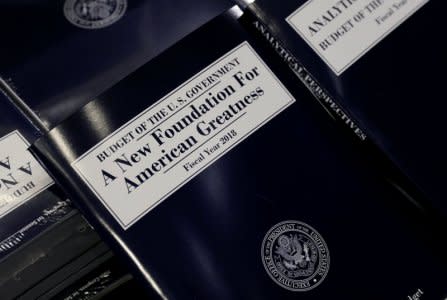 A copy of President Trump's Fiscal Year 2018 budget is on display on Capitol Hill in Washington, U.S., May 23, 2017.  REUTERS/Kevin Lamarque     TPX IMAGES OF THE DAY