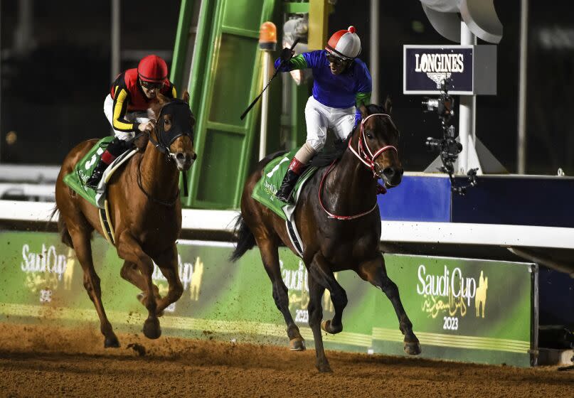 Panthalassa with jockey Yutaka Yoshida wins the $20 million G1 Saudi Cup over 1800m at the King Abdulaziz racetrack in Riyadh, Saudi Arabia, Saturday, February 25, 2023. (AP Photo/Martin Dokoupil)