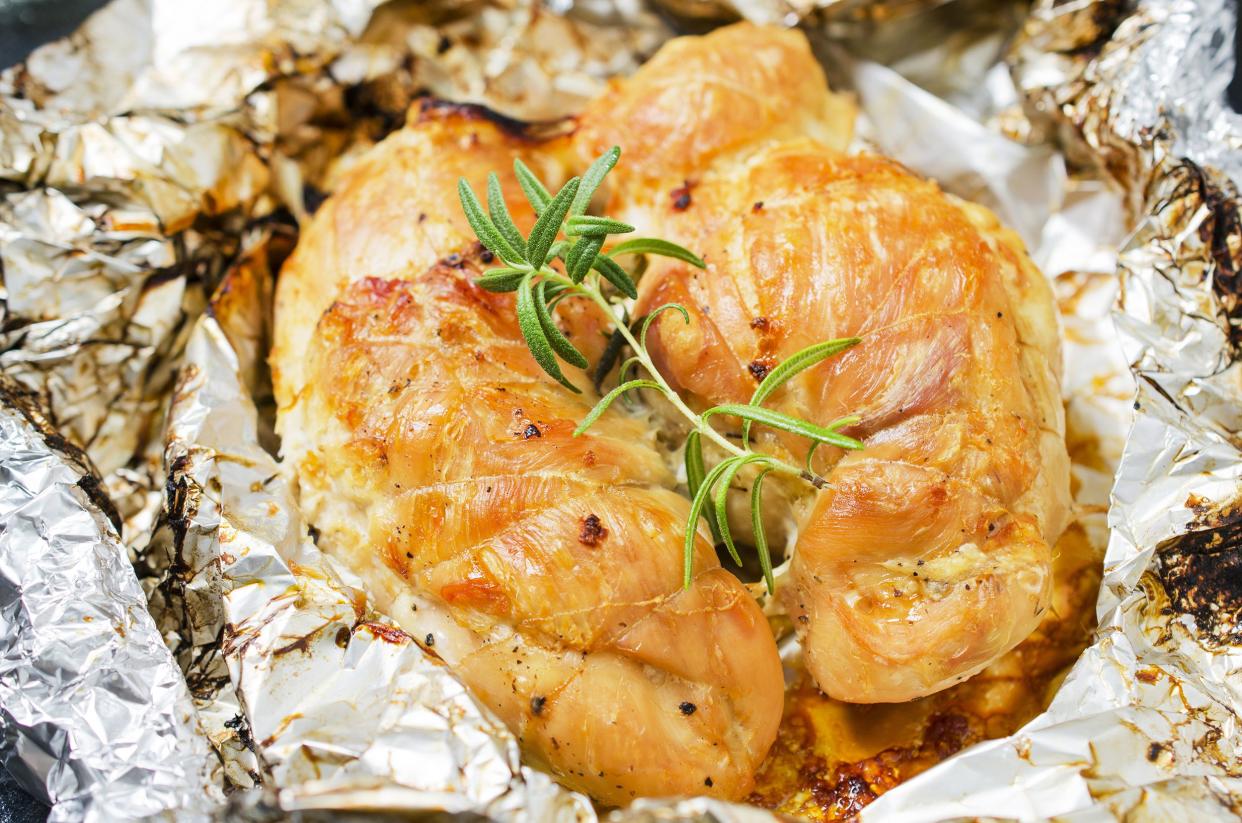 Closeup of chicken foil pack in aluminum foil