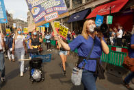 LONDON, ENGLAND - SEPTEMBER 12: NHS workers march in protest down Regent Street on September 12, 2020 in London, England. NHS staff marched from BBC Broadcasting House to Trafalgar square in a bid to secure higher wages for themselves following the hardships that they have faced in handling patients with Coronavirus. (Photo by Alex McBride/Getty Images)