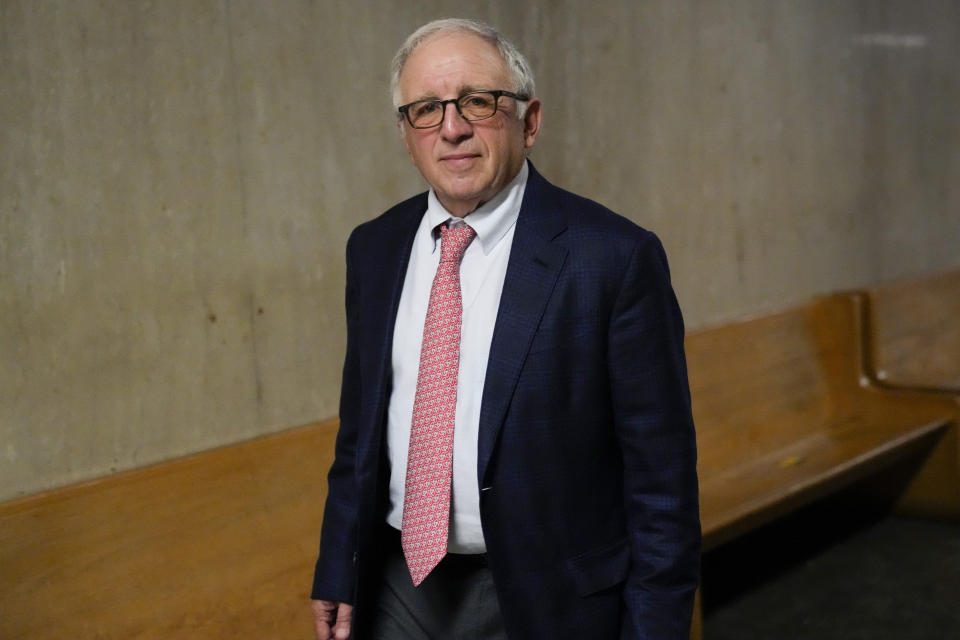 Eagles manager Irving Azoff leaves supreme court after testifying, Wednesday, Feb. 21, 2024, in New York. A criminal case involving handwritten lyrics to the classic rock megahit "Hotel California" and other Eagles favorites went to trial Wednesday in New York, with three men accused of scheming to thwart band co-founder Don Henley's efforts to reclaim the allegedly ill-gotten documents. (AP Photo/Mary Altaffer)