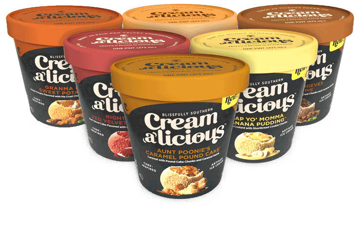 Creamalicious ice cream pints in various Southern-inspired flavors like banana pudding and pecan pie. (Photo: Creamalicious)