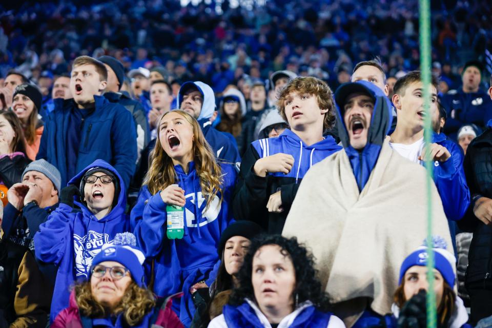 Fans cheer at LaVell Edwards Stadium in Provo during a BYU football game on Friday, Oct. 28, 2022. | Ben B. Braun, Deseret News
