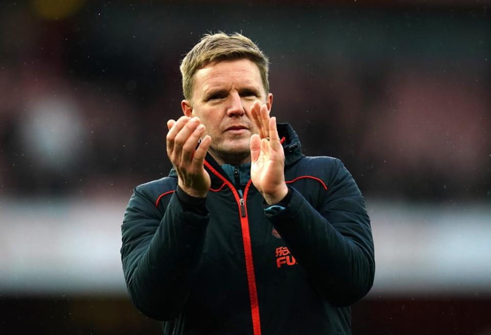 Newcastle manager Eddie Howe applauds the fans after his side’s 2-0 defeat at Arsenal (John Walton/PA) (PA Wire)