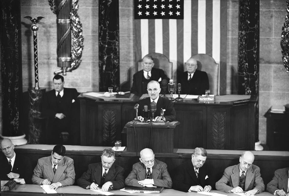 FILE - President Harry Truman says "we will not engage in appeasement" as he delivers his State of the Union speech before a joint session of Congress on Jan. 8, 1951. (AP Photo/Byron Rollins, File)
