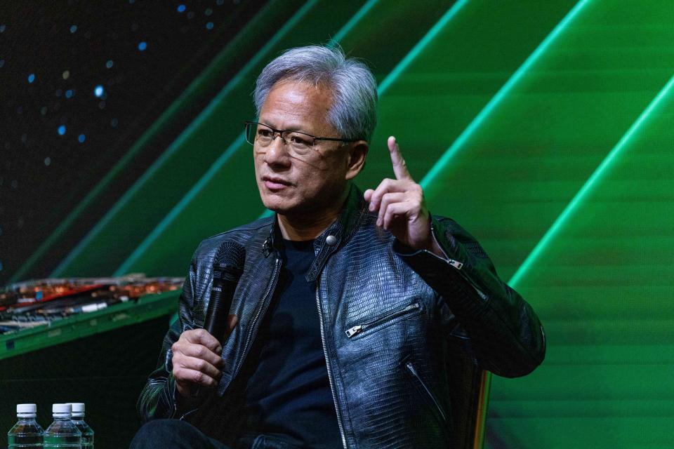 <p>Bloomberg / Contributor / Getty Images</p> Nvidia CEO Jensen Huang at a news conference in Taipei, Taiwan, on Tuesday, June 4, 2024.