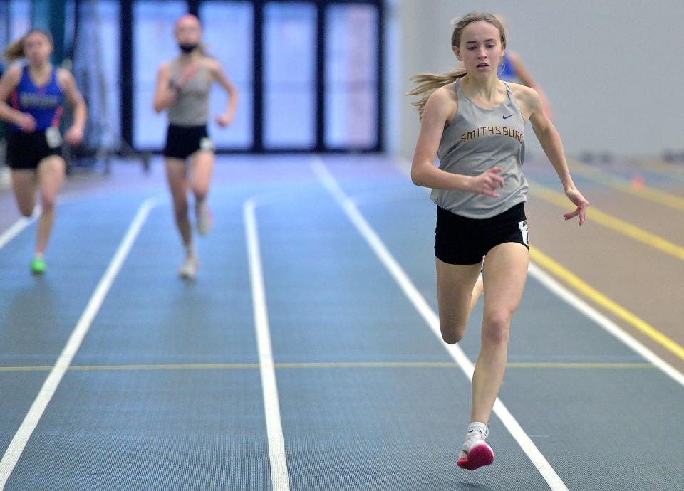 Smithsburg's Lexi Zimmerman wins the girls 300 during the Washington County Indoor Track and Field Championships on Friday at Hagerstown Community College.