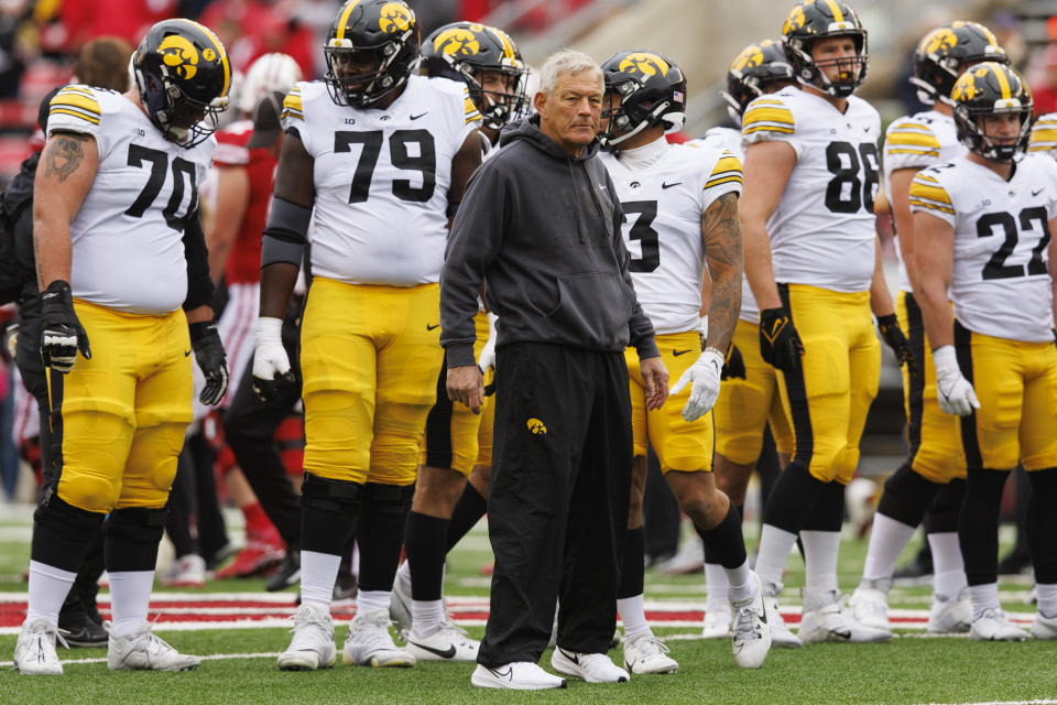 Oct 14, 2023; Madison, Wisconsin, USA; Iowa Hawkeyes head coach Kirk Ferentz looks on during warmups prior to the game against the Wisconsin Badgers at Camp Randall Stadium. Mandatory Credit: Jeff Hanisch-USA TODAY Sports
