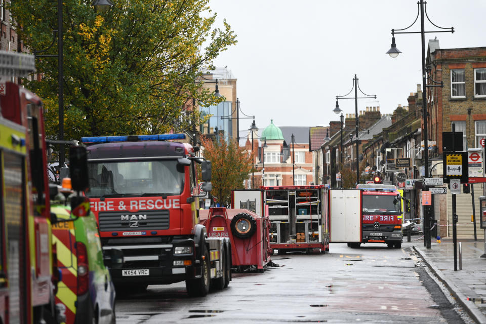 Emergency services at the scene of a suspected gas explosion on King Street in Ealing, west London. Rescuers are involved in a "complex" search for anyone who may still be inside the collapsed building. (Photo by Dominic Lipinski/PA Images via Getty Images)