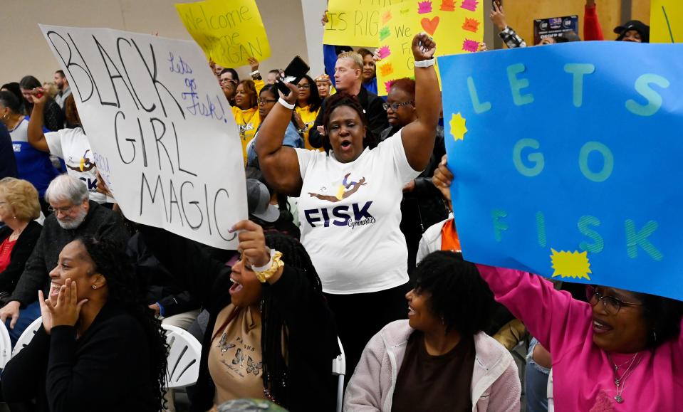 Fisk University gymnastics fans cheer as the team is introduced at the during the Tennessee Collegiate Classic meet Friday, Jan. 20, 2023, in Lebanon, Tenn. Fisk is the first historically Black university to have an intercollegiate women’s gymnastics team.