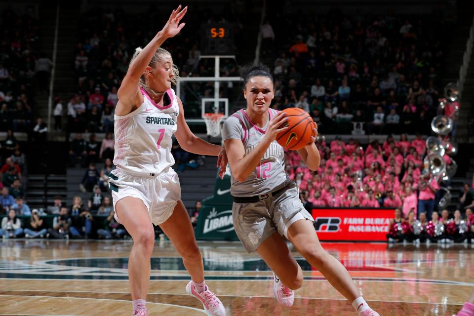 Ohio State guard Celeste Taylor drives against Michigan State guard Tory Ozment on Sunday.