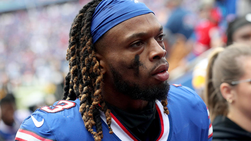 Damar Hamlin walks of the NFL field after a game for the Buffalo Bills.