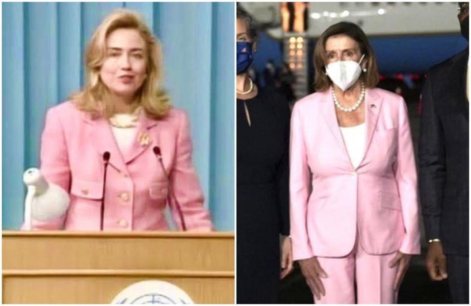 希拉蕊（左圖）1995年在北京世界婦女大會上也穿粉紅色。右圖為裴洛西昨晚抵台。（翻攝dianejeffersonc推特）