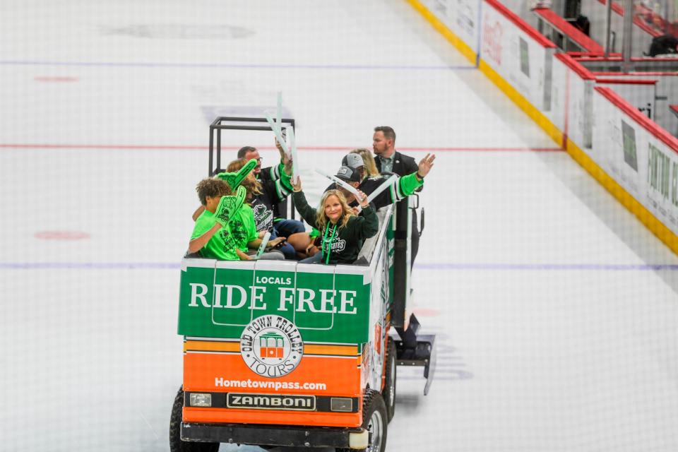 The Old Town Trolley sponsored Zamboni makes a lap around the ice before the start of Savannah Ghost Pirates home opener on November 5, 2022.