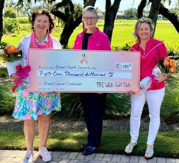 The Golf for the Cure tournament at Founders Golf Club raised $51,000 for Breast Health Sarasota. From left, Gail Jordan, Suellen Kaeb, and WGA president Lori Martin.