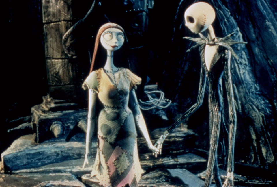 Jack Skellington, voiced by Chris Sarandon and Danny Elfman, and Sally, voiced by Catherine O’Hara, in <em>The Nightmare Before Christmas.</em> (Image: Disney/Buena Vista Pictures/Everett Collection)
