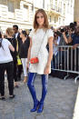 <p>Blogger Chiara Ferragni tried to make royal blue patent leather boots summer appropriate by pairing them with a white dress and orange cross-body bag.</p>