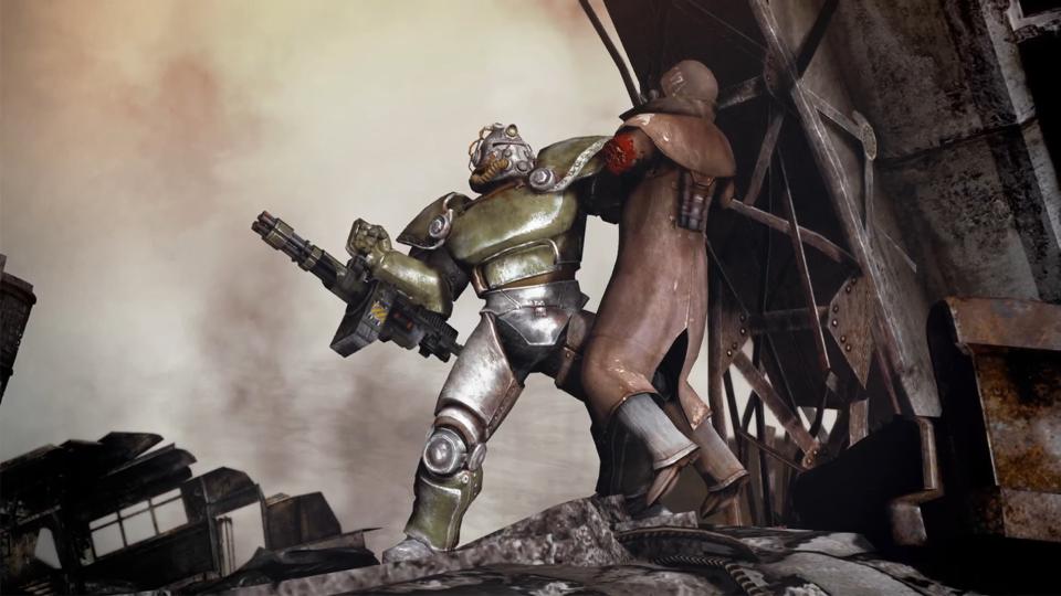  Fallout power armor wearer holding up a defeated NCR ranger. 