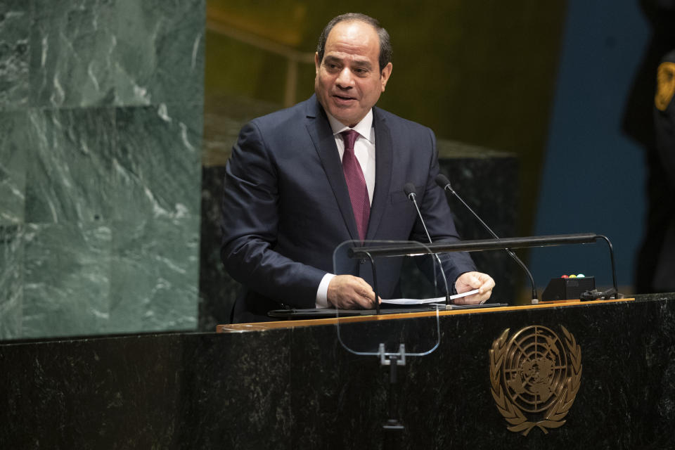 FILE - In this Sept. 24, 2019 file photo, Egyptian President Abdel Fattah el-Sissi addresses the 74th session of the United Nations General Assembly at U.N. headquarters. Egypt says it is facing an existential threat, as its southern neighbor Ethiopia races to complete a massive new dam upstream which threatens to put a chokehold on the largely desert country’s riverine lifeline. Speaking at the U.N. last month, Egyptian President Abdel-Fattah el-Sissi warned that “the operation of the dam through the imposition of a de facto situation will never happen.” (AP Photo/Mary Altaffer, File)