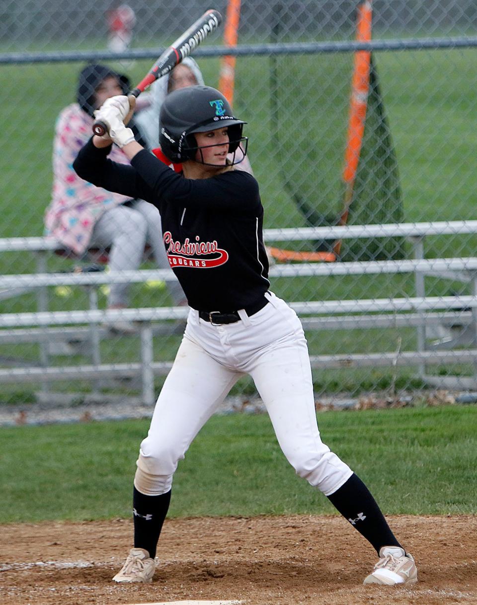 Crestview High School's Sophie Durbin (5) bats against New London during high school softball action Tuesday, April 26, 2022 at Crestview High School. TOM E. PUSKAR/TIMES-GAZETTE.COM