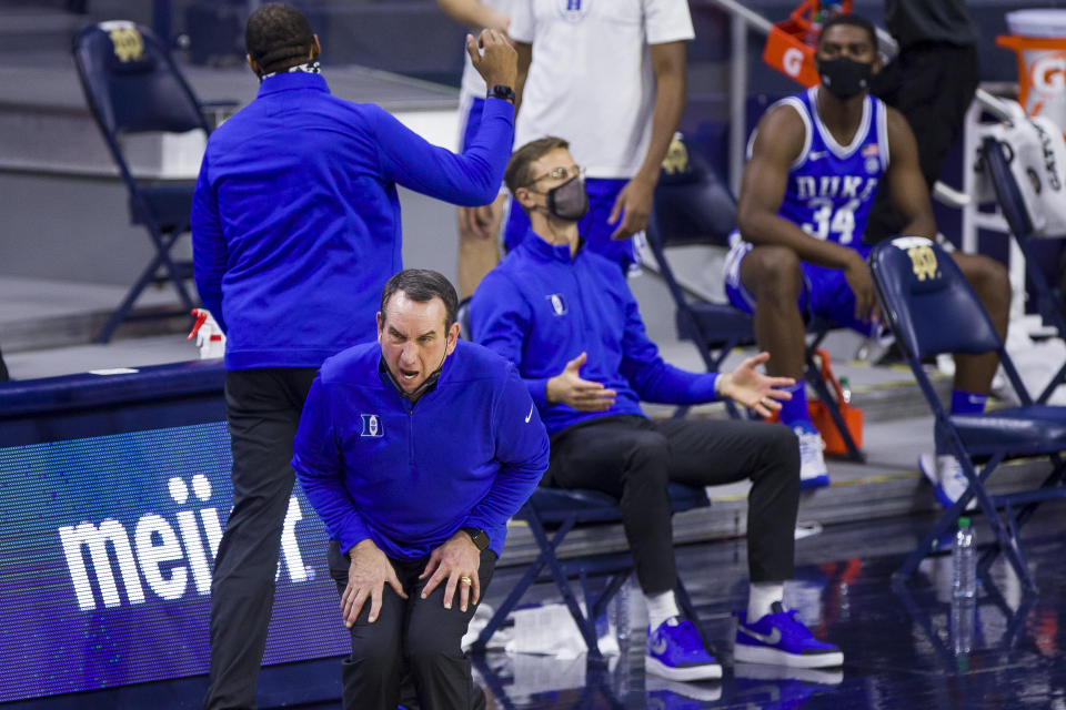 Duke head coach Mike Krzyzewski reacts on the sideline.