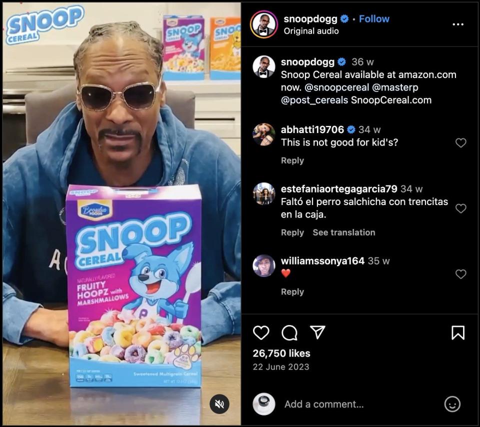Rapper Snoop Dogg launches his cereal brand on Instagram