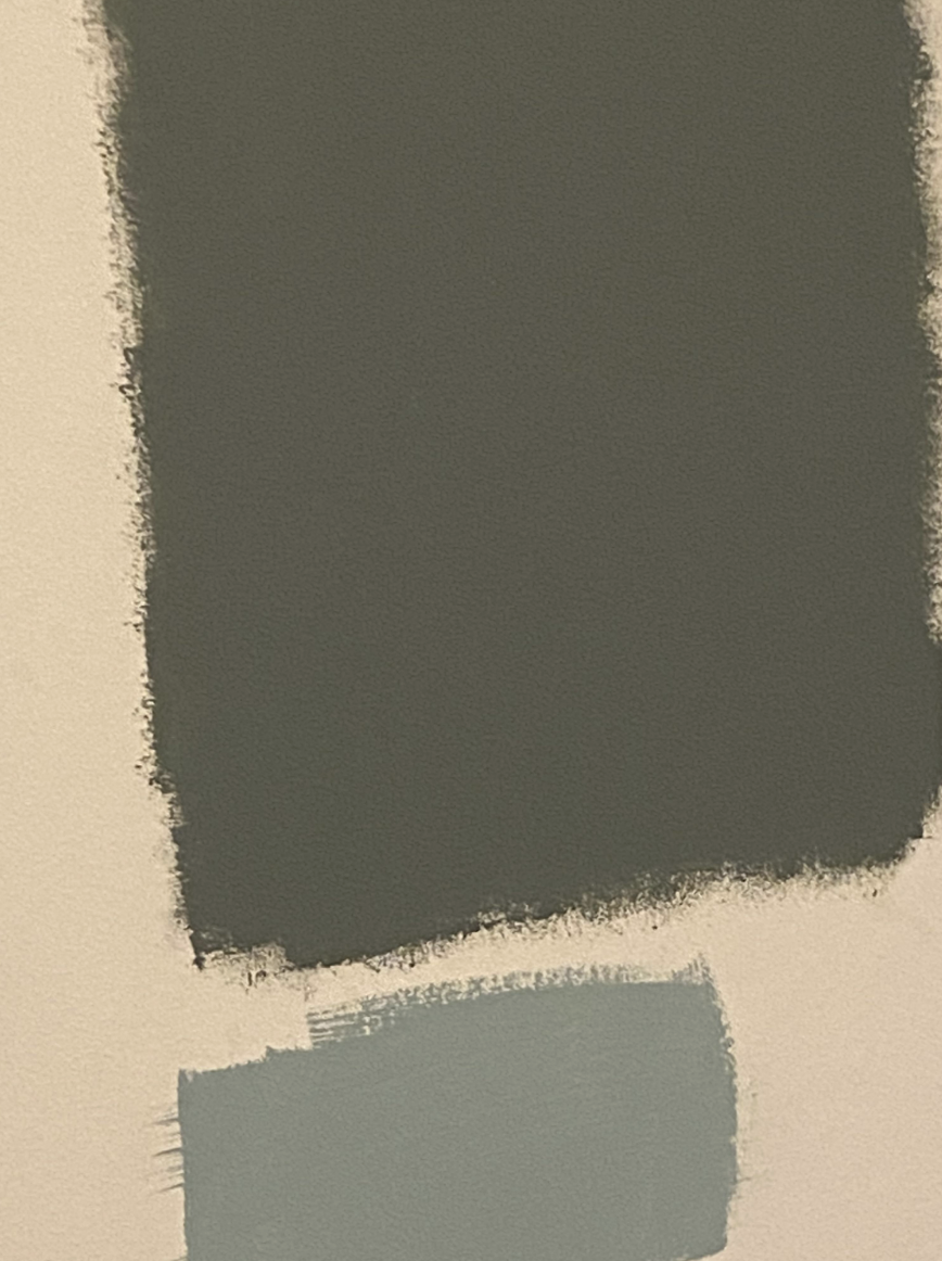 A wall with two paint swatches: the tester paint color that's significantly darker than the actually paint color on the bottom