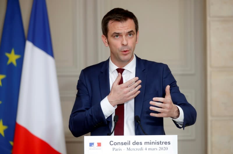 FILE PHOTO: French Health and Solidarity Minister Olivier Veran speaks after attending a weekly cabinet meeting at the Elysee Palace in Paris