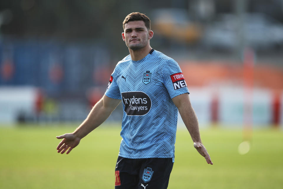 Nathan Cleary looks on during a Blues State of Origin training session at Coogee Oval on June 01, 2021 in Sydney, Australia.