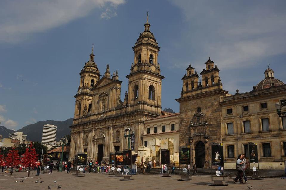 Christmas decoration in front of cathedral in Bolivar square, in the old part of the city. Bogota, formerly called Santa Fe de Bogota, is the capital city of Colombia, as well as the most populous city in the country, with an estimated 7,304,384 inhabitants as of 2009.