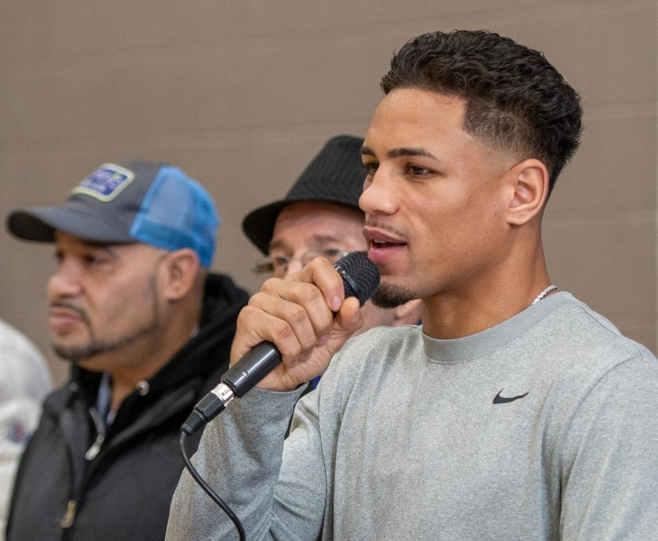 Worcester boxer Jamaine Ortiz addresses his fans during a send off held recently at the Worcester Boys and Girls Club.