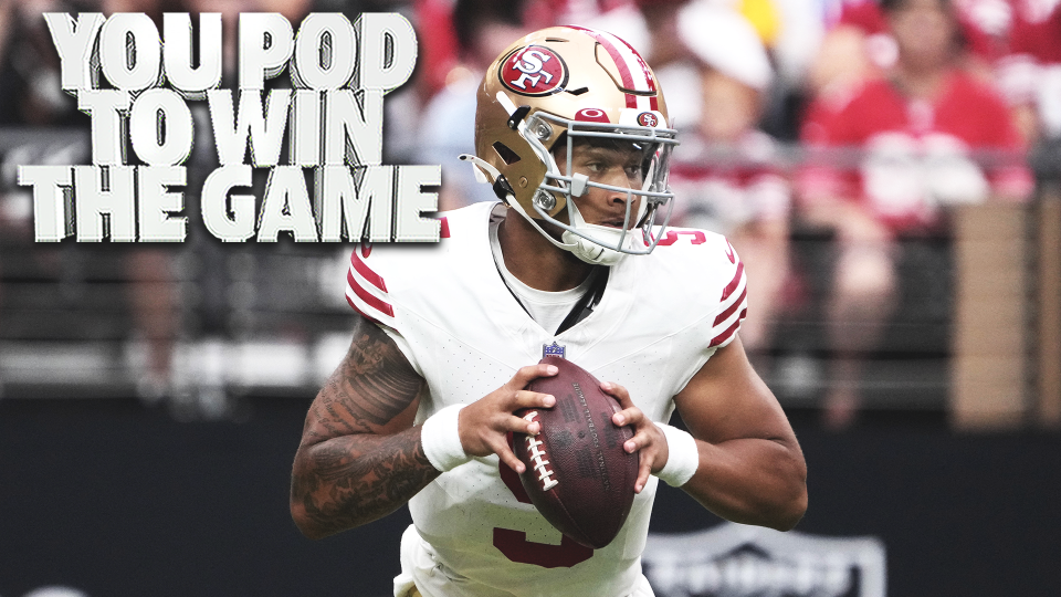 Aug 13, 2023; Paradise, Nevada, USA; San Francisco 49ers quarterback Trey Lance (5) throws the ball against the Las Vegas Raiders at in the first half at Allegiant Stadium. Mandatory Credit: Kirby Lee-USA TODAY Sports