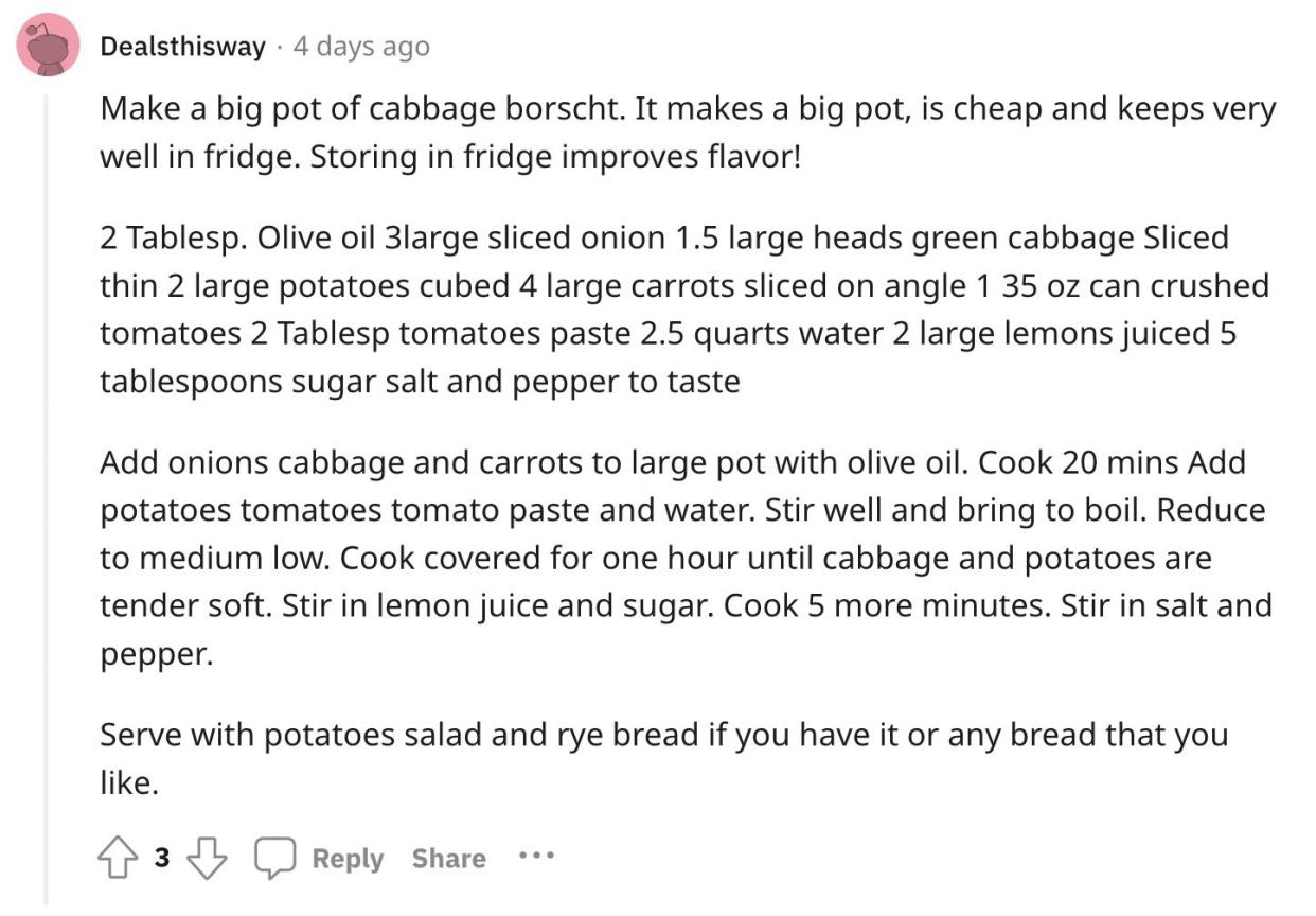 Reddit screenshot about cabbage borscht being a great and budget-friendly meal.