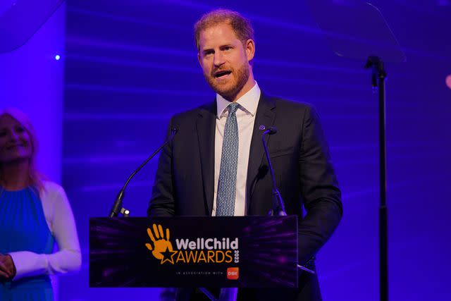 <p>Yui Mok/PA Images via Getty</p> Prince Harry gives a speech during the annual WellChild Awards 2023.