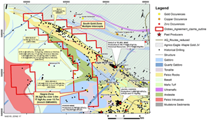 Geological Map with gold and copper showing on the Joutel Eagle Property. Drilling intervals are down-hole lengths from historical data. True thicknesses cannot be estimated with available information. The technical information presented in this release was obtained from historical work reports filed with the Quebec Ministry of Energy and Natural Resources and has not been independently verified by a Qualified Person as defined by NI 43- 1013.