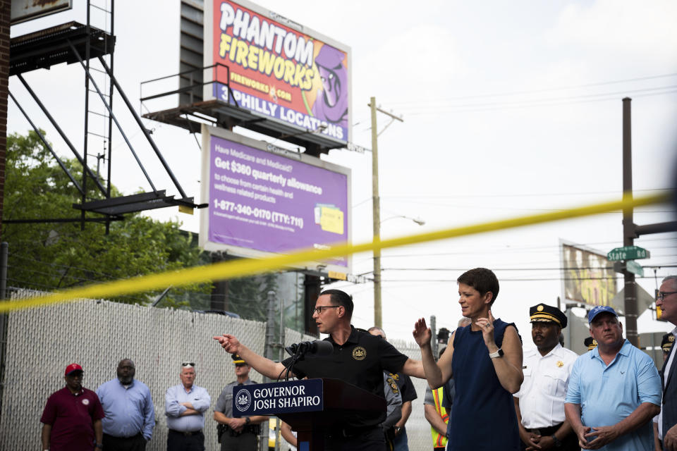 Pennsylvania Gov. Josh Shapiro speaks during a news conference following the collapse of an elevated section of Interstate 95 after a tanker truck caught fire, Sunday, June 11, 2023, in Philadelphia. (AP Photo/Joe Lamberti)
