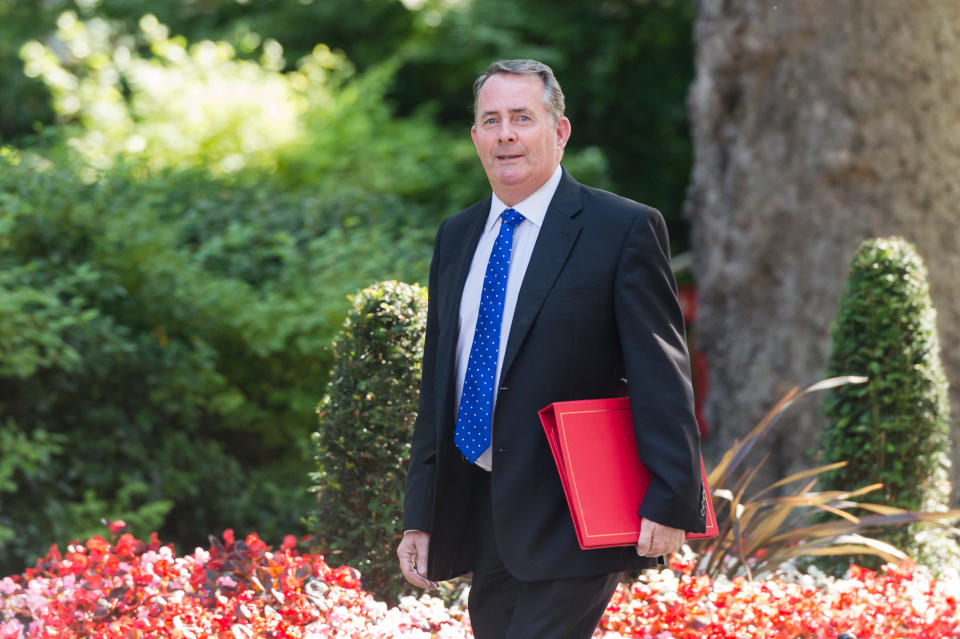 LONDON, UNITED KINGDOM - JULY 23: Secretary of State for International Trade and President of the Board of Trade Liam Fox arrives for Theresa May's final cabinet meeting as Prime Minister at 10 Downing Street on 23 July, 2019 in London, England. Today's announcement of a new Conservative Party leader and prime minister, most likely Boris Johnson, is expected to trigger ministerial resignations from critics of the no-deal Brexit approach ahead of a major Cabinet reshuffle. (Photo credit should read Wiktor Szymanowicz / Barcroft Media via Getty Images)