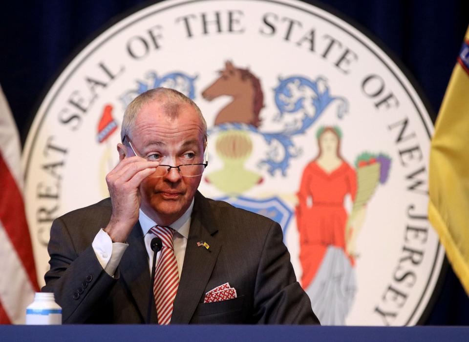 FACES OF THE GOVERNOR 5 of 8 - New Jersey Governor Phil Murphy finishes his update on the mask mandate during his COVID-19 briefing Monday, May 24, 2021, at the War Memorial in Trenton