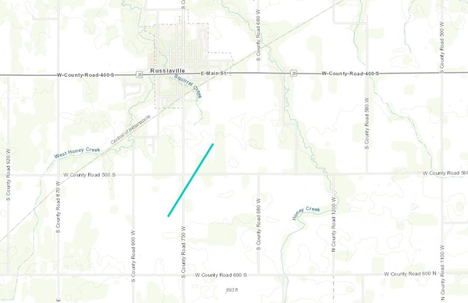 The path of a confirmed tornado during March 31, 2023 storms south of Russiaville.