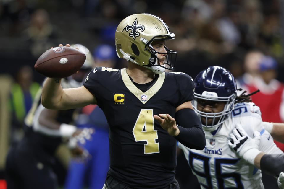 New Orleans Saints quarterback Derek Carr (4) throws a pass against the Tennessee Titans during the second half of an NFL football game Sunday, Sept. 10, 2023, in New Orleans. (AP Photo/Butch Dill)