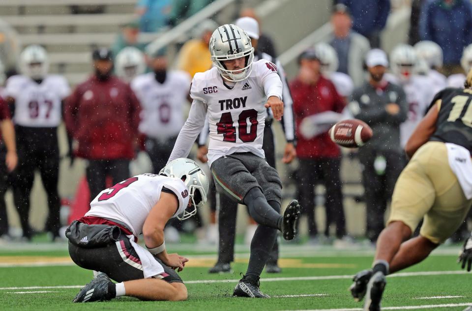 Troy kicker Scott Taylor Renfroe kicks one of his career-best four field goals against Army. DANNY WILD, USA TODAY Sports