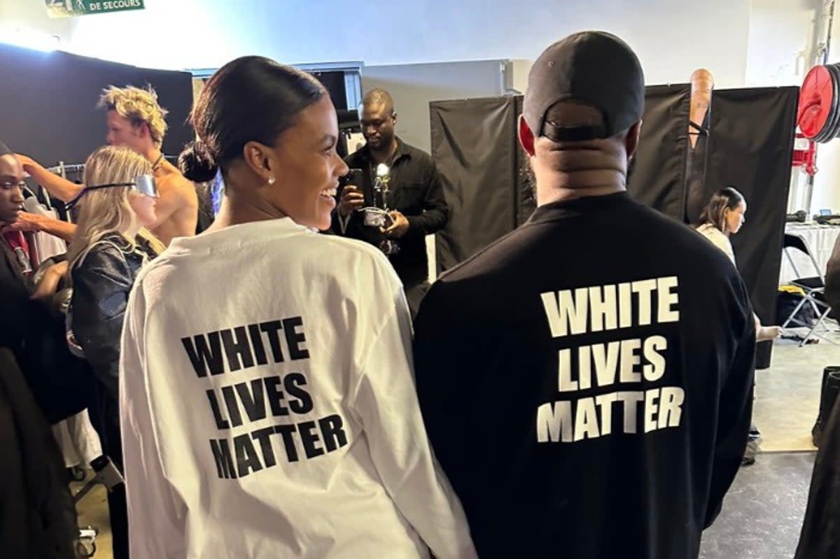 Kanye is offending again, this time by promoting White Lives Matter T-shirts at his Yeezy fashion show  (Candace Owens/Twitter)