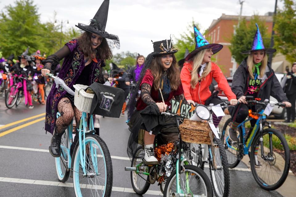 Witches fly on their broomcycles during the Witches Ride benefiting Arc of Tuscaloosa, at Government Plaza in Tuscaloosa, Ala. on Sunday, Oct. 13, 2019. [Photo/Jake Arthur]