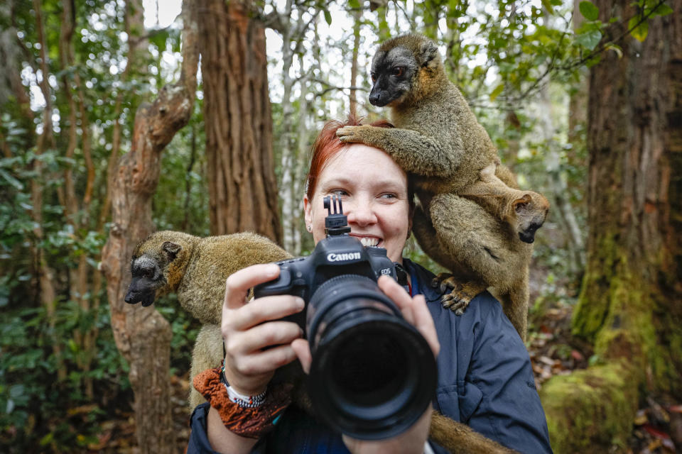 A lemur climbs on a photographer in Madagascar, Africa. (Photo: Bobby-Jo Vial/Caters News)