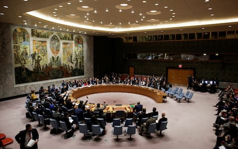 Members of the United Nations Security Council vote for ceasefire to Syrian bombing in eastern Ghouta, at the United Nations headquarters in New York - Credit: REUTERS/Eduardo Munoz