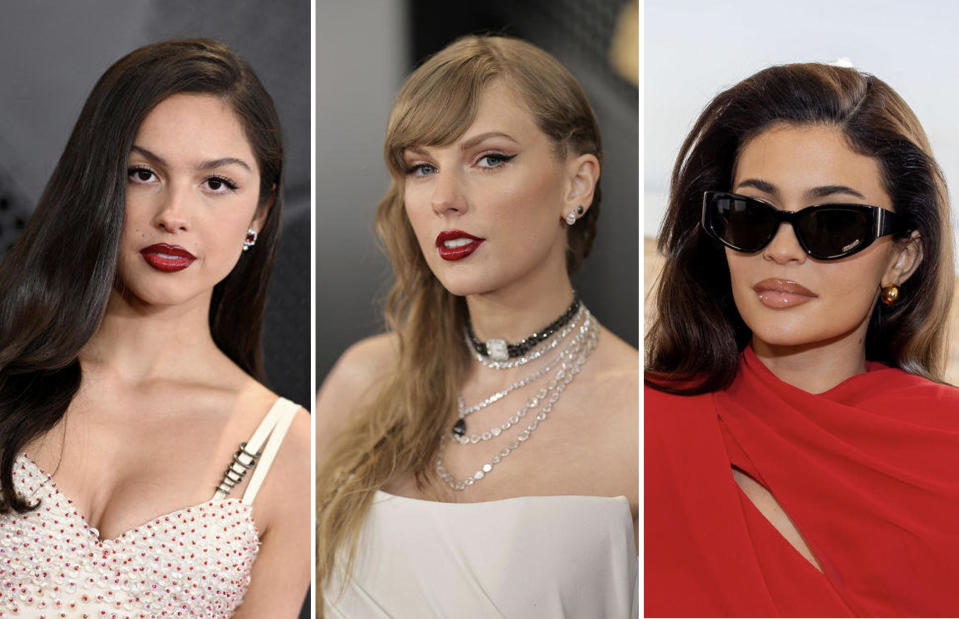 Left to right: Olivia Rodrigo, Taylor Swift and Kylie Jenner styled with side parts at recent events including the Grammy Awards and a French fashion show. / Credit: Getty Images; Neilson Barnard/Getty Images for The Recording Academy; Arnold Jerocki/WireImage/Getty Images