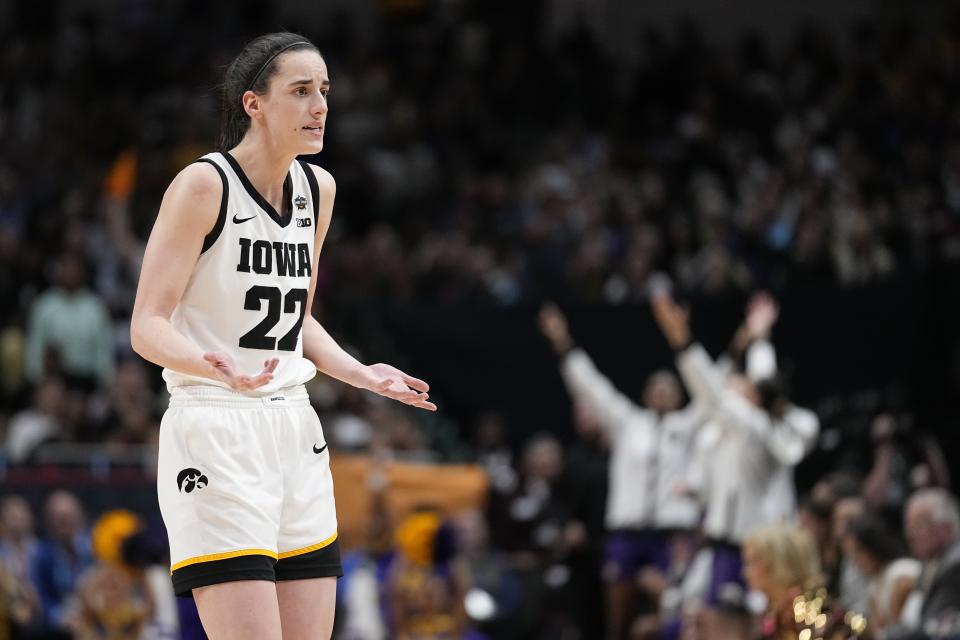 Iowa's Caitlin Clark reacts during the second half of the NCAA Women's Final Four championship basketball game against LSU Sunday, April 2, 2023, in Dallas. (AP Photo/Tony Gutierrez)