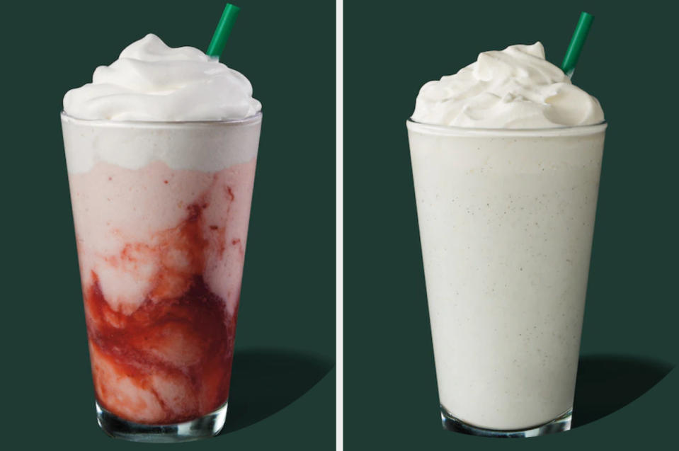 A strawberry cream and a vanilla bean frappuccino from Starbucks